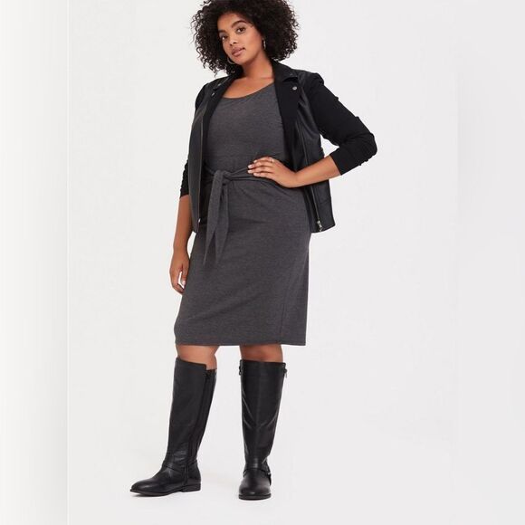 Torrid Charcoal Gray Sleeveless Jersey Tie Front Shift Dress - Picture 2 of 8